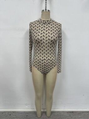 Vintage Beige Crescent Print Long Sleeve Bodysuit